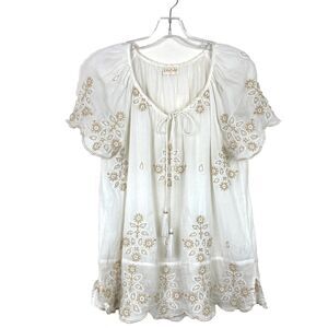 LULA SOUL Peasant Top Size S Cream Sheer Beaded Embroidery Tassel Tie Boho Fairy
